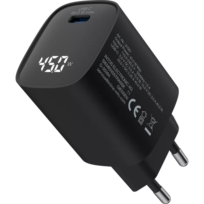 InLine USB PD napájací zdroj, GaN nabíjačka, 1-port, USB-C, 45W, s displejom