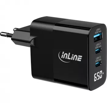 InLine USB PD napájací zdroj, GaN nabíjačka, 3-násobná, USB-C + USB-A, 65 W, s displejom