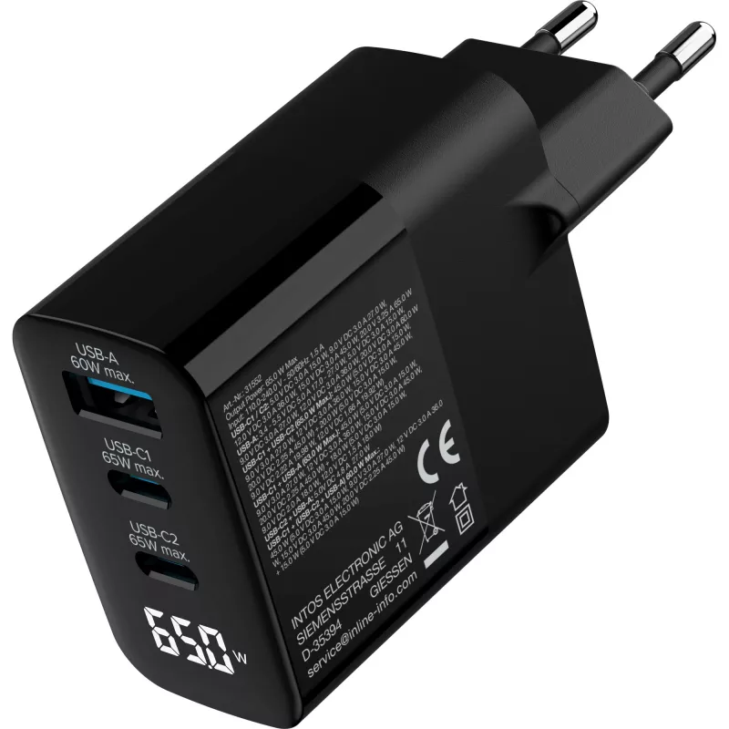 InLine USB PD napájací zdroj, GaN nabíjačka, 3-násobná, USB-C + USB-A, 65 W, s displejom