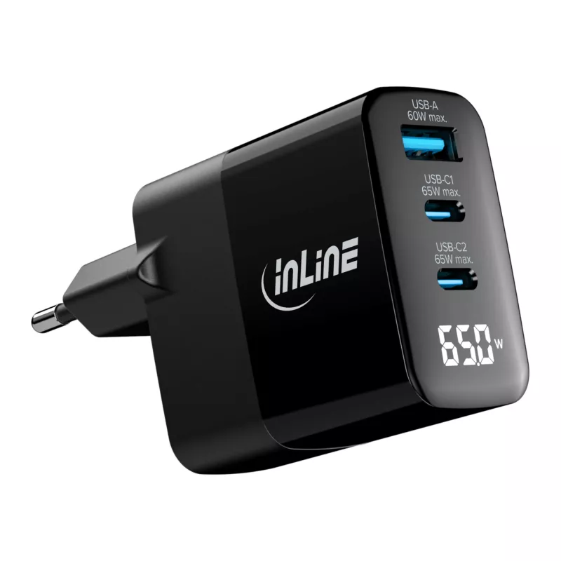 InLine USB PD napájací zdroj, GaN nabíjačka, 3-násobná, USB-C + USB-A, 65 W, s displejom