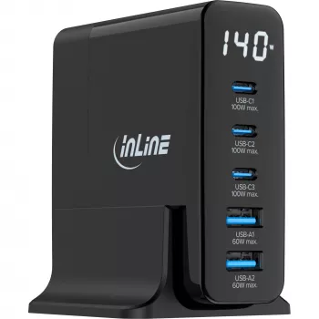 InLine USB PD napájací zdroj, GaN nabíjačka, 5-port, USB-C + USB-A, 140W, s displejom