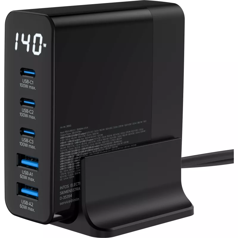 InLine USB PD napájací zdroj, GaN nabíjačka, 5-port, USB-C + USB-A, 140W, s displejom