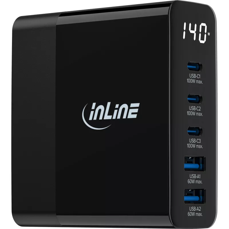 InLine USB PD napájací zdroj, GaN nabíjačka, 5-port, USB-C + USB-A, 140W, s displejom