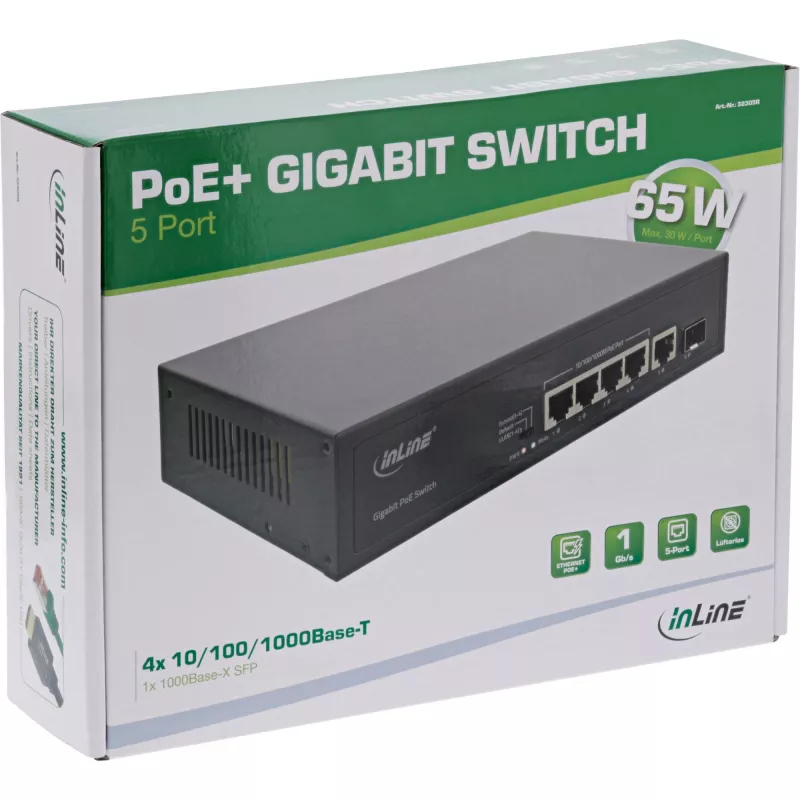 Neřízený switch InLine PoE+ Gigabit Network Switch 5 portov 4x PoE+ 1x SFP 1 Gb/s desktop