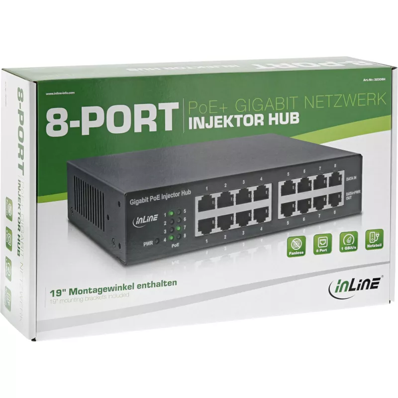 InLine PoE+ Gigabit Network Injector Hub 8 portov (8x PoE+), 1 Gb/s, 19
