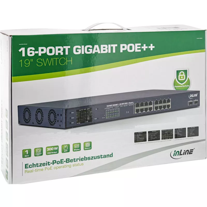 InLine PoE+ Gigabit sieťový switch 24 port, 1 Gb/s, 2xSFP, 19 inch 1HE (vrátane držiakov)