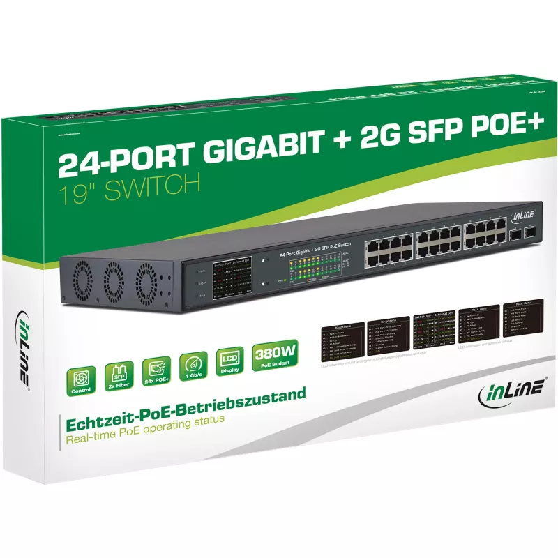 InLine PoE+ Gigabit Network Switch 24 portov, 1 Gb/s, 2x SFP, 19