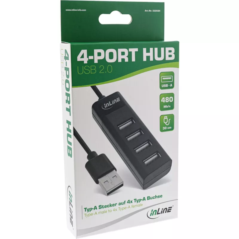 InLine USB 2.0 4-portový hub, Type-A konektor samec na 4x Type-A konektor samica, čierny, 30 cm, tenký