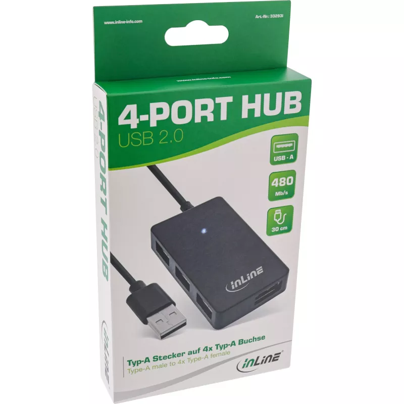 InLine USB 2.0 4-portový hub, Type-A konektor samec na 4x Type-A konektor samica, čierny, 30 cm