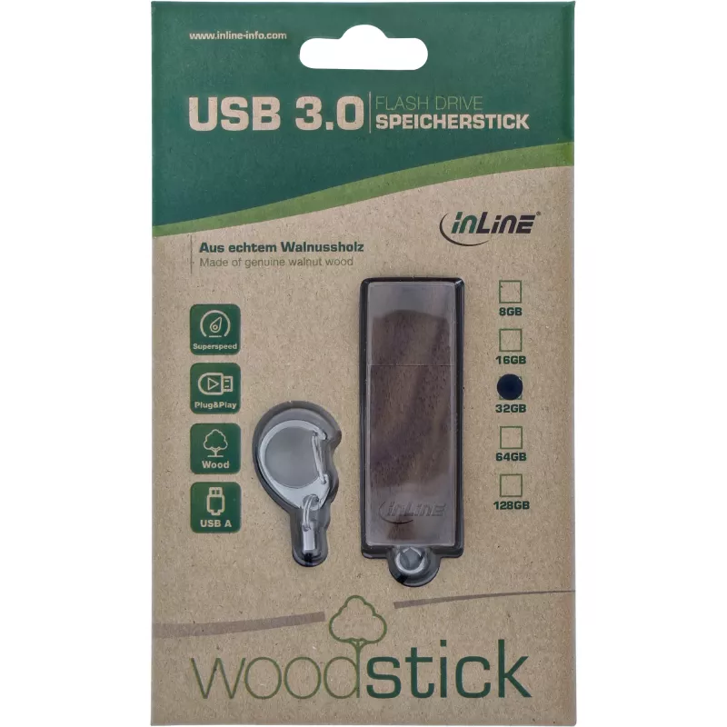 InLine USB 3.0 flash disk, orechové drevo, s kľúčenkou, 8 GB