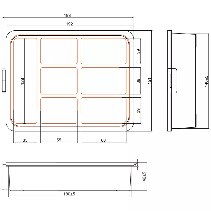 InLine Krabička na drobný materiál, 7 priehradiek, 180 x 140 x 40 mm, oranžová