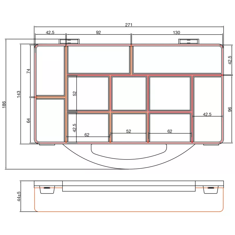 InLine Krabička na drobné diely, 11 priehradiek, 271x186x40mm, oranžová