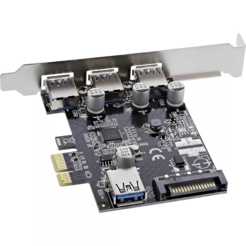 InLine 3+1-portový hostiteľský USB 3.0 kontrolér, PCIe, s napájaním SATA a LP krytkou