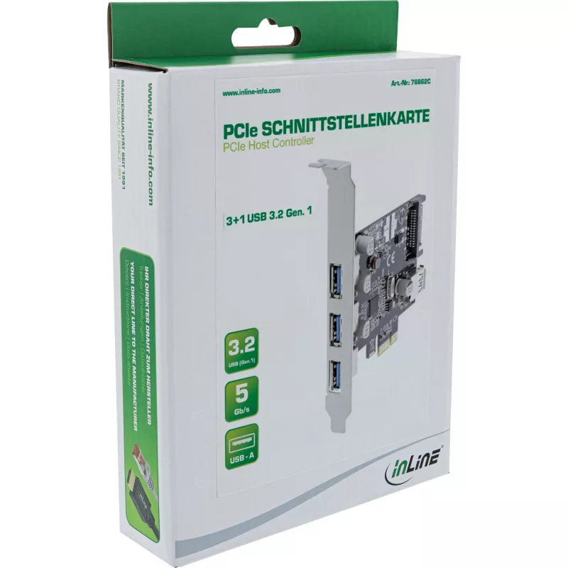 InLine 3+1-portový hostiteľský USB 3.0 kontrolér, PCIe, s napájaním SATA a LP krytkou