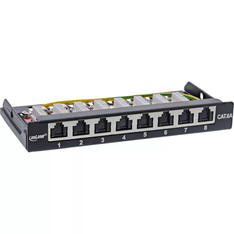 InLine patch panel Cat.6A 0,5U 8-portový, na stôl/stenu/lištu, čierny, ochrana proti prachu