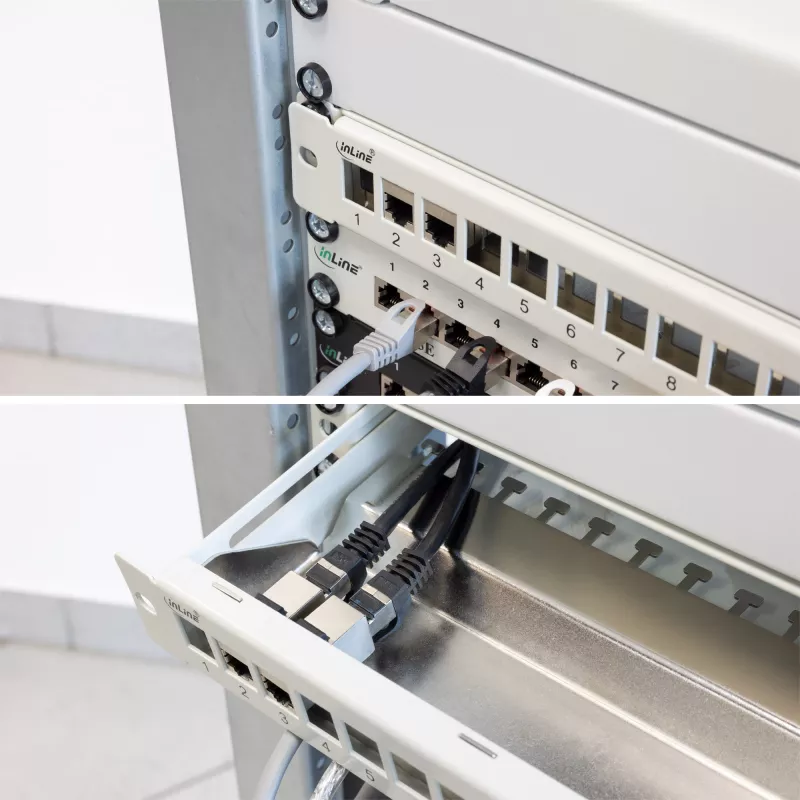 InLine prázdny patch panel s výsuvom 19 palcový 24 portov 1U svetlosivý