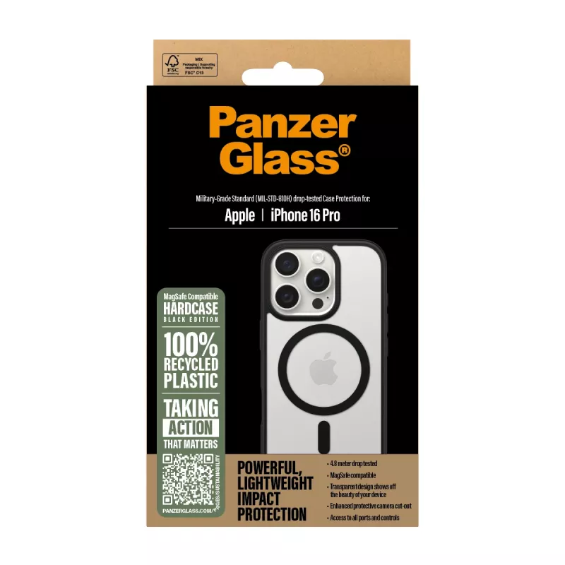 PanzerGlass® HardCase transparentné s čiernym MagSafe a rámikom iPhone 16 Pro