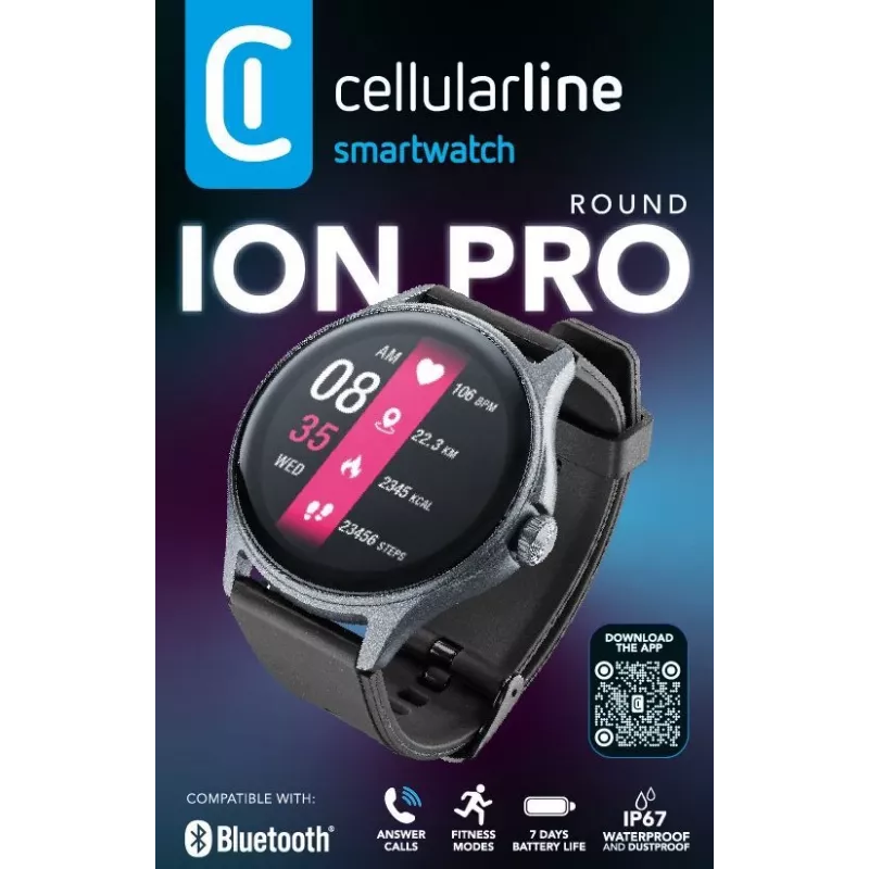 Cellularline ION PRO Round Bluetooth® smartwatch s aplikáciou, 3,51 cm (1,38 palca), TFT, dotykový displej, 0,00064 GB, 98 g