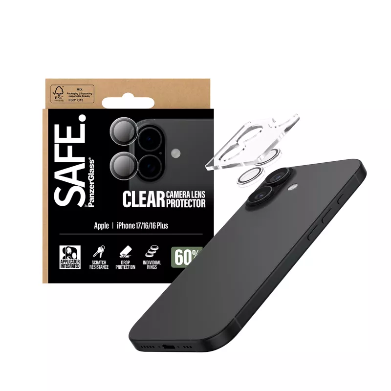 Ochrana objektívu kamery PanzerGlass SAFE pre iPhone 17 16 16 Plus odolná proti poškriabaniu a nárazom transparentná