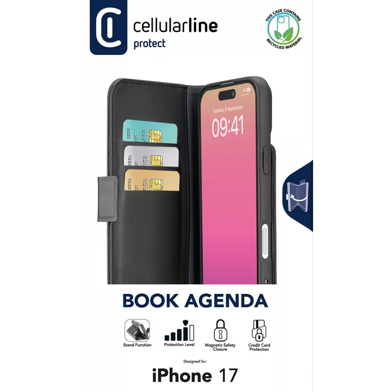 Cellularline Book Agenda – knižné puzdro s koženým vzhľadom a magnetickým uzatváraním pre iPhone 17