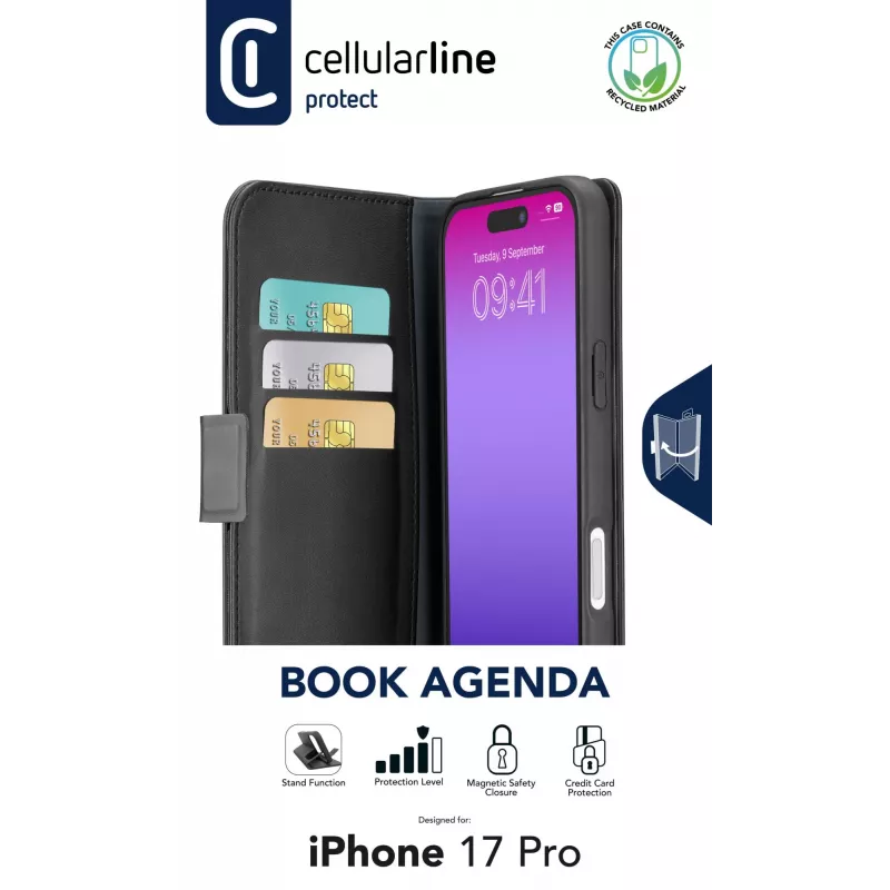 Cellularline Book Agenda – iPhone 17 Pro knižné puzdro s koženým vzhľadom a magnetickým uzatváraním