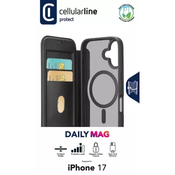 Cellularline Daily Mag - iPhone 17 knižné puzdro s polopriehľadnou tvrdou zadnou časťou, kompatibilné s ekosystémom Magsafe®