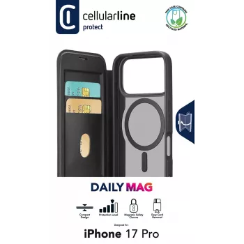 Cellularline Daily Mag - iPhone 17 Pro knižné puzdro s polopriehľadnou tvrdou zadnou časťou, kompatibilné s ekosystémom MagSafe®