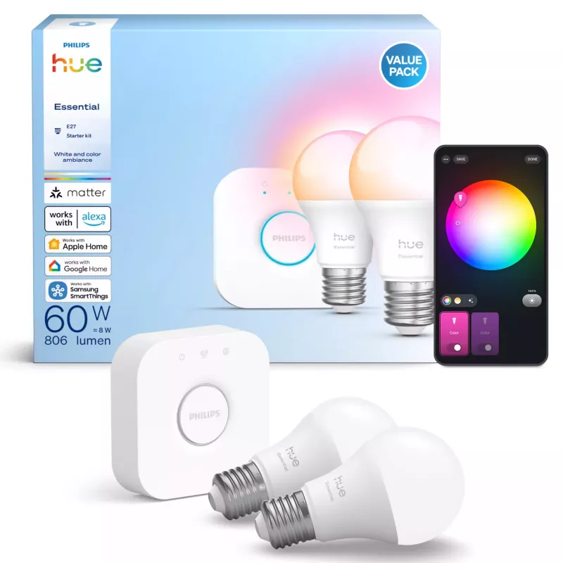 Philips Hue White and colour ambience Essential Starter-Kit: 2 E27 smart žiarovky (806 lm)