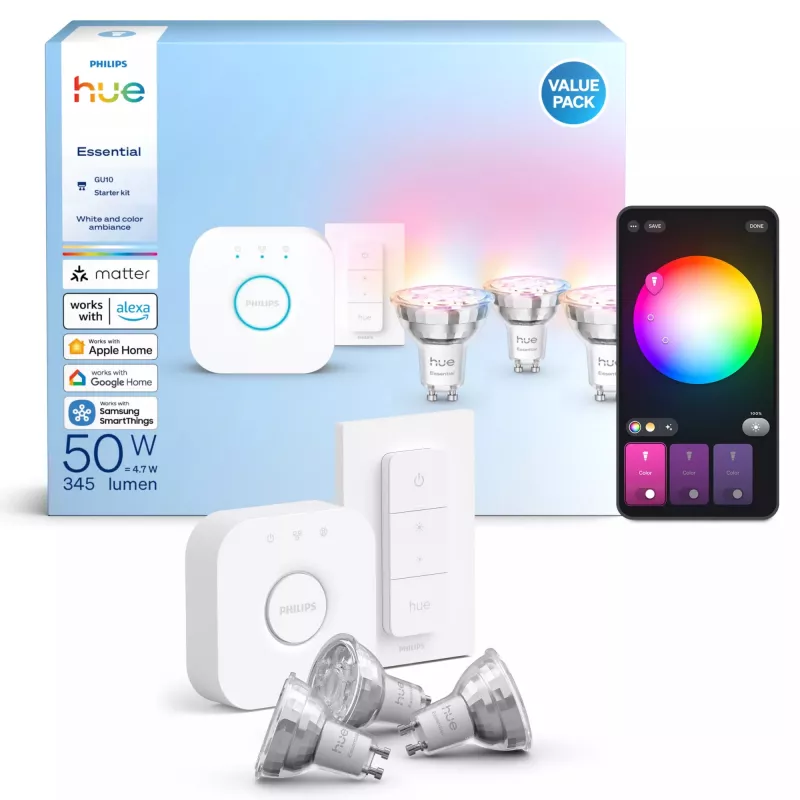 Philips Hue White and Colour Ambience Essential Starterkit: 3 GU10 smart žiarovky (345 lm) + stmievač