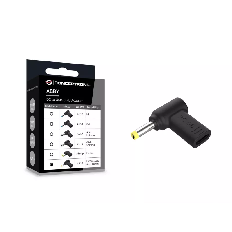 Conceptronic ABBY15PC06 DC na USB-C adaptér, Lenovo/Asus/Acer/Toshiba 4,0x1,7 mm, 18-20 V