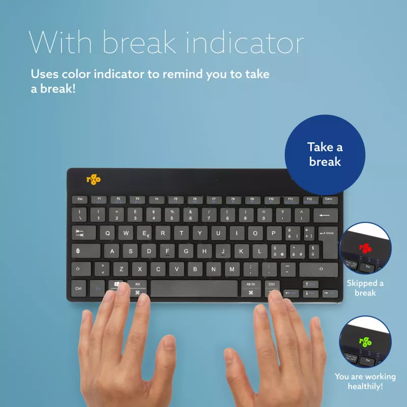 R-Go Tools ergonomická klávesnica R-Go Compact Break, kompaktná klávesnica so softvérom na prestávky, QWERTY (IT), Bluetooth, čierna