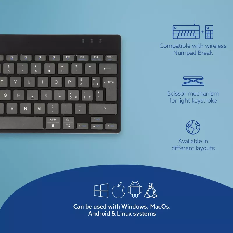 R-Go Tools ergonomická klávesnica R-Go Compact Break, kompaktná klávesnica so softvérom na prestávky, QWERTY (IT), Bluetooth, čierna
