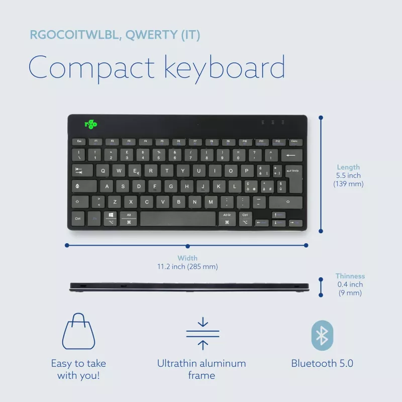 R-Go Tools ergonomická klávesnica R-Go Compact Break, kompaktná klávesnica so softvérom na prestávky, QWERTY (IT), Bluetooth, čierna