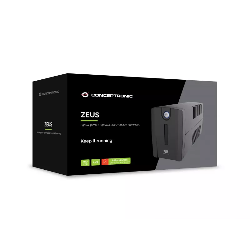 Conceptronic ZEUS01G 650VA 360W UPS, UK zásuvka x 2, HID USB, RJ45 In/Out, AVR