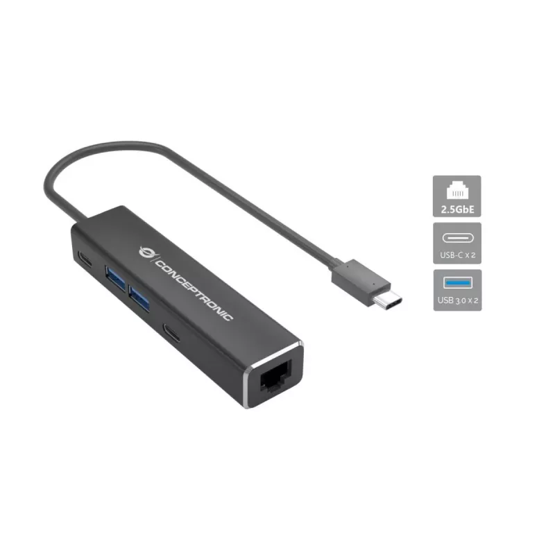 Conceptronic ABBY14B 2.5G Ethernet USB 3.2 Gen 1 adaptér s USB hubom, 2.5GbE, USB-A x 2, USB-C x 2