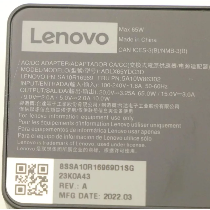 Lenovo 5A10W86202 napájací zdroj do interiéru 65 W čierny