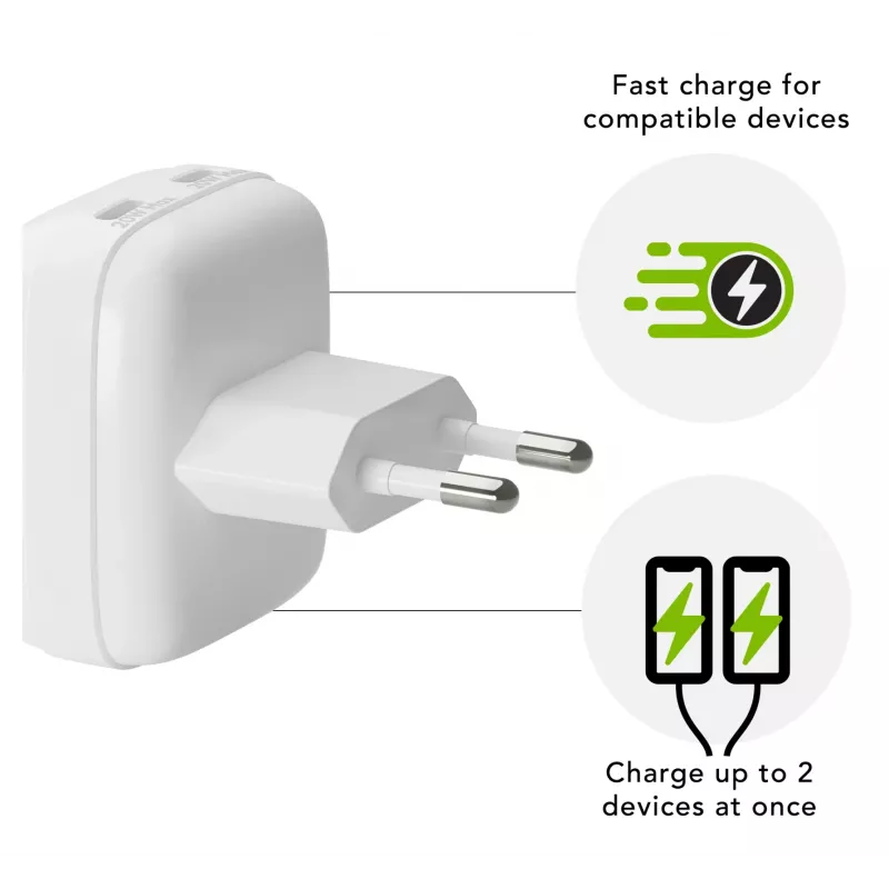 Nástenná nabíjačka d bramante re-charge Pro EU plochá 2×USB-C 20W biela (Indoor)
