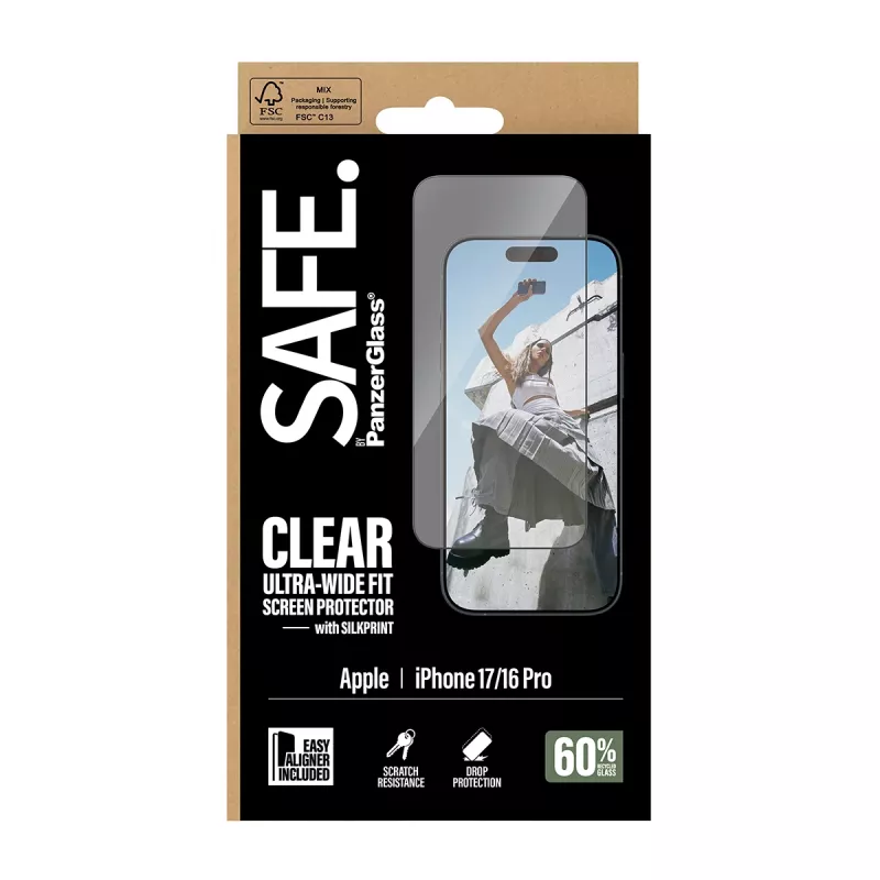 PanzerGlass SAFE. by ® ochrana displeja s čiernym rámom iPhone 17 | 16 Pro | Ultra-Wide Fit s EasyAligner