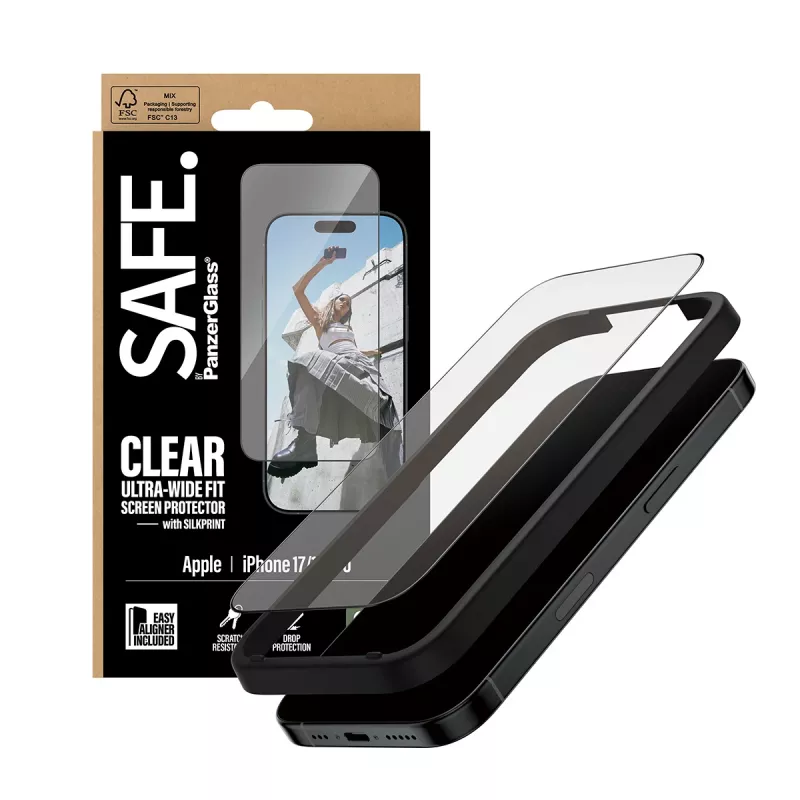 PanzerGlass SAFE. by ® ochrana displeja s čiernym rámom iPhone 17 | 16 Pro | Ultra-Wide Fit s EasyAligner