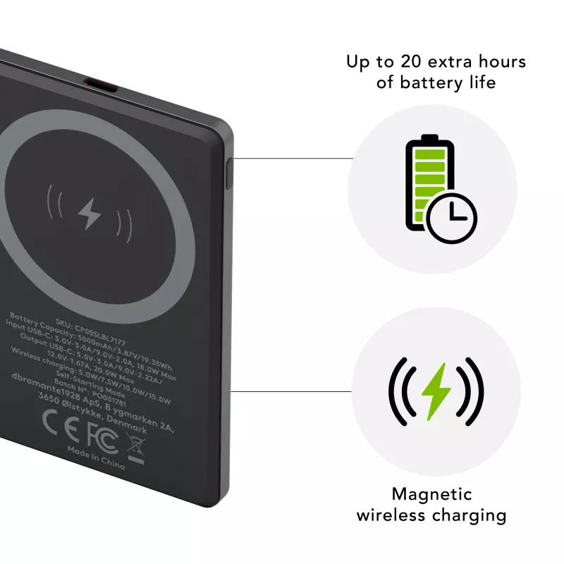 dbramante1928 re-charge - powerbanka 5K Wireless - sivá, 5000 mAh, bezdrôtové nabíjanie, 3,87 V, sivá