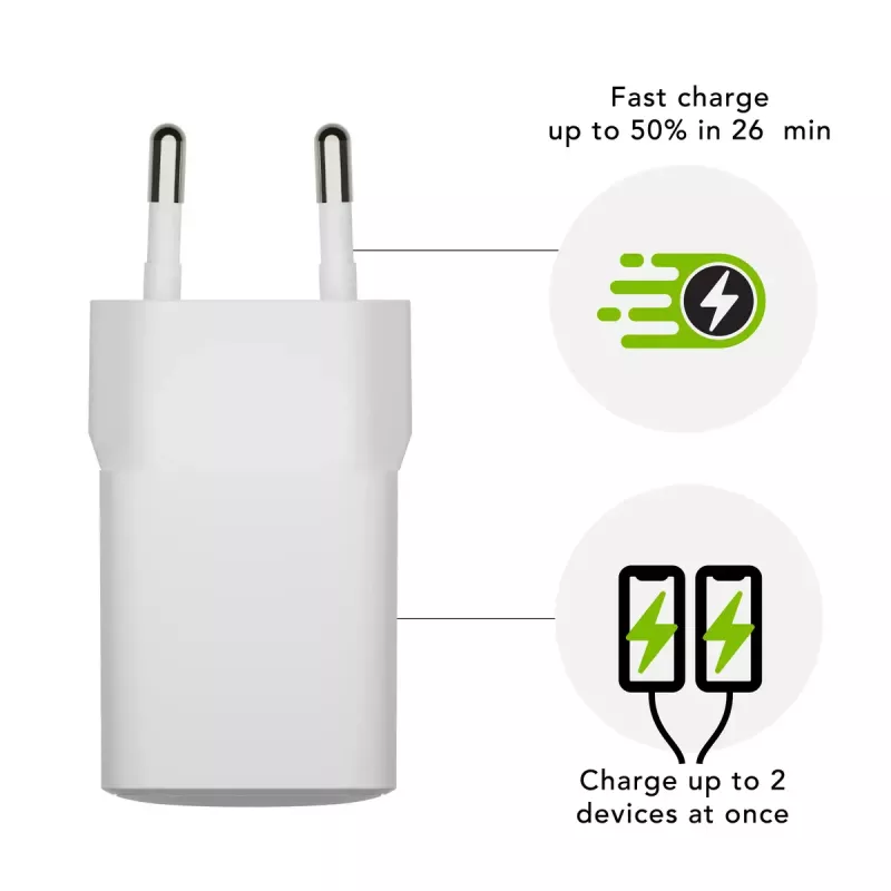 EU nástenná nabíjačka d bramante re-charge Pro — USB‑C 25W + USB‑A 18W, 110–240V, interiérová, biela
