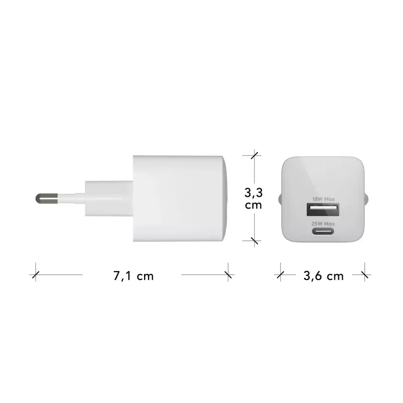 EU nástenná nabíjačka d bramante re-charge Pro — USB‑C 25W + USB‑A 18W, 110–240V, interiérová, biela