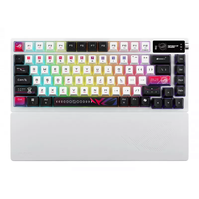 Mechanická herná klávesnica ASUS ROG Azoth X — 75% rozloženie, USB + RF Wireless + Bluetooth, RGB, podložka pod zápästie, čierna/biela