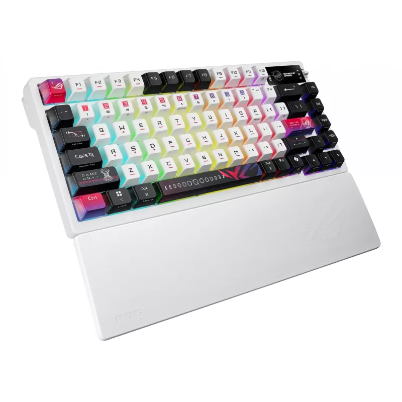 Mechanická herná klávesnica ASUS ROG Azoth X — 75% rozloženie, USB + RF Wireless + Bluetooth, RGB, podložka pod zápästie, čierna/biela