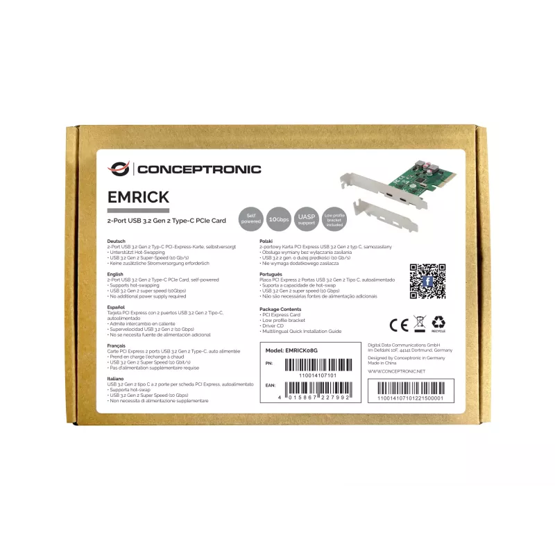 Conceptronic EMRICK 2-port USB 3.2 Gen 2 Type-C PCIe karta, samostatne napájaná