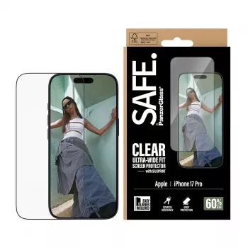 Ochranná fólia na displej PanzerGlass SAFE. by pre iPhone 17 Pro — ultraširoká PET fólia s čiernym rámom, suchá aplikácia, odolná proti poškriabaniu a nárazom