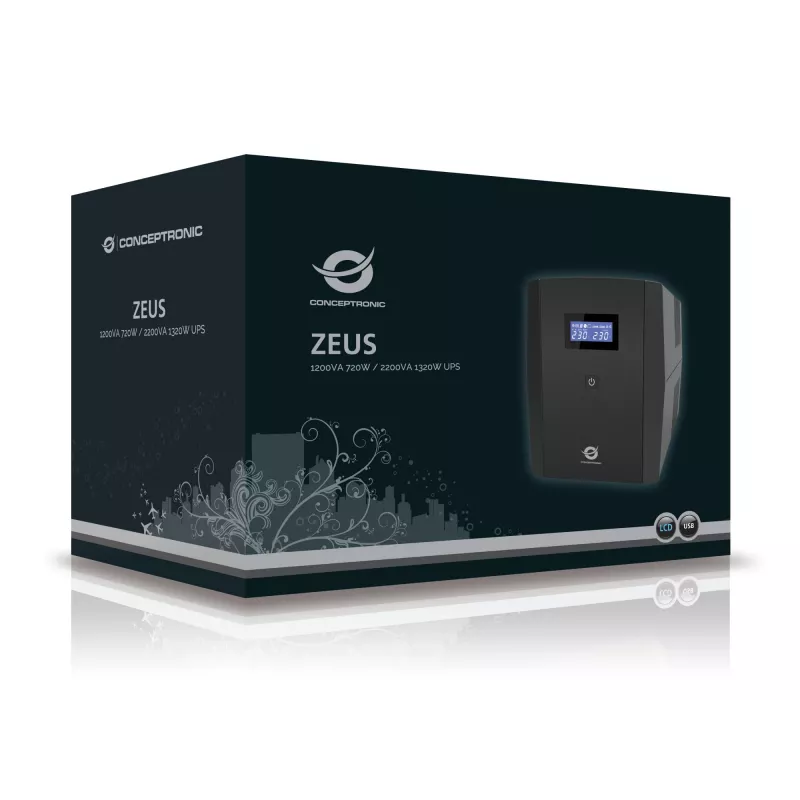 Conceptronic ZEUS 2200VA 1320W UPS, IEC + Schuko zásuvka, line-interactive, 2,2 kVA, 1320 W, 220 V, 240 V, 220 V