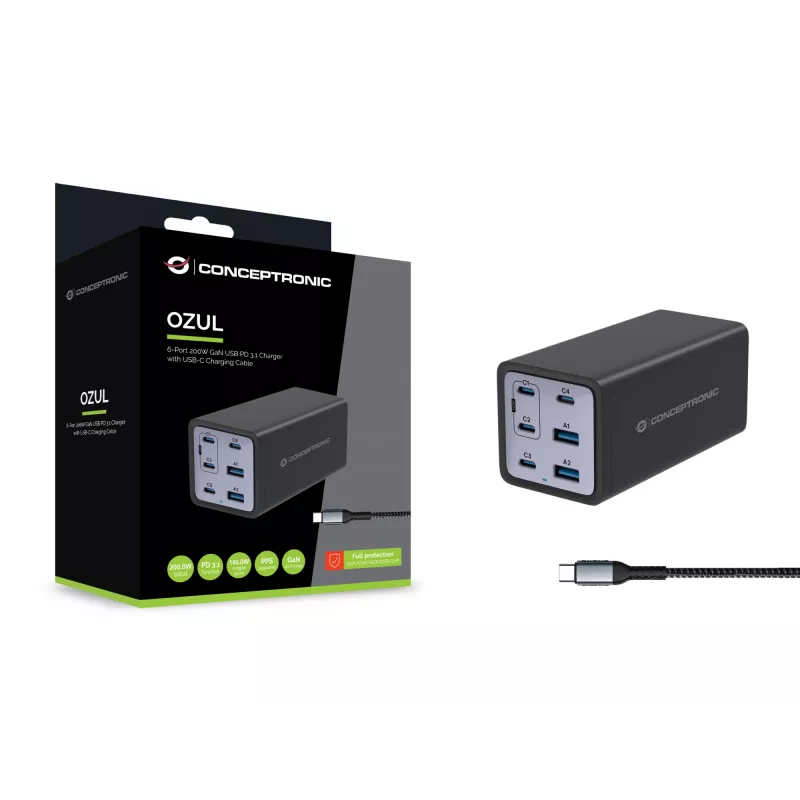 Conceptronic 6-portová 200W GaN USB PD nabíjačka s USB-C káblom, USB-C x 4, USB-A x 2, QC 3.0, PD 3.1, PPS