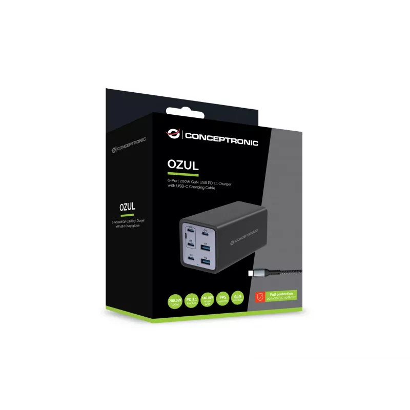 Conceptronic 6-portová 200W GaN USB PD nabíjačka s USB-C káblom, USB-C x 4, USB-A x 2, QC 3.0, PD 3.1, PPS