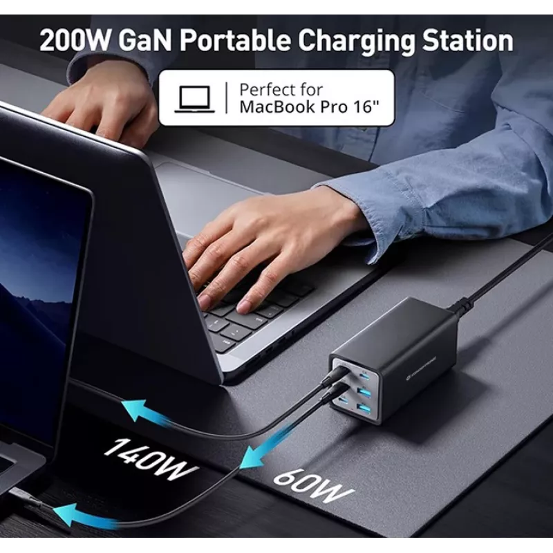 Conceptronic 6-portová 200W GaN USB PD nabíjačka s USB-C káblom, USB-C x 4, USB-A x 2, QC 3.0, PD 3.1, PPS